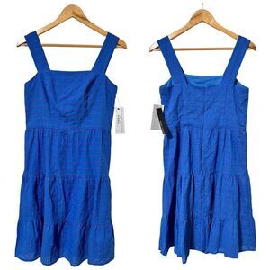 Maggy London Eyelet Pattern Square Neck Mini Dress Size 4 Denim Blue Tiered NEW